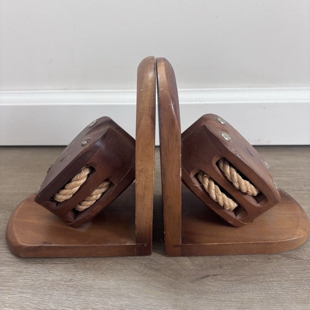VTG Nautical Wood Pulley Bookends Maritime Sailing Ship Block Tackle Decor 6in